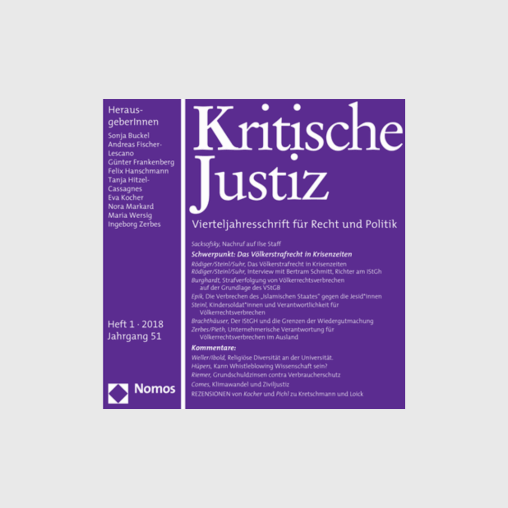 Cover der „Kritischen Justiz“, Heft 1/2018 – mit Interview mit Bertram Schmitt zum Völkerstrafrecht