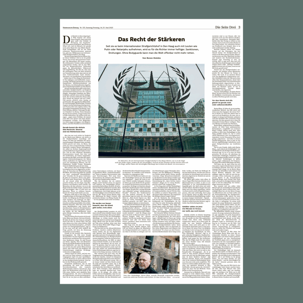 Zeitungsseite mit Kommentar zur Rolle des Internationalen Strafgerichtshofs – „Das Recht der Stärkeren“, Süddeutsche Zeitung, Juni 2025
